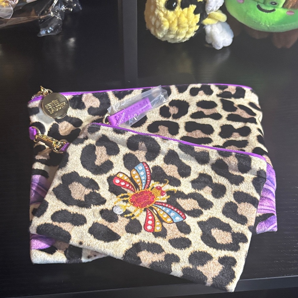 Estee Lauder Leopard Print Cosmetic Bag Set with Embroidered Bee